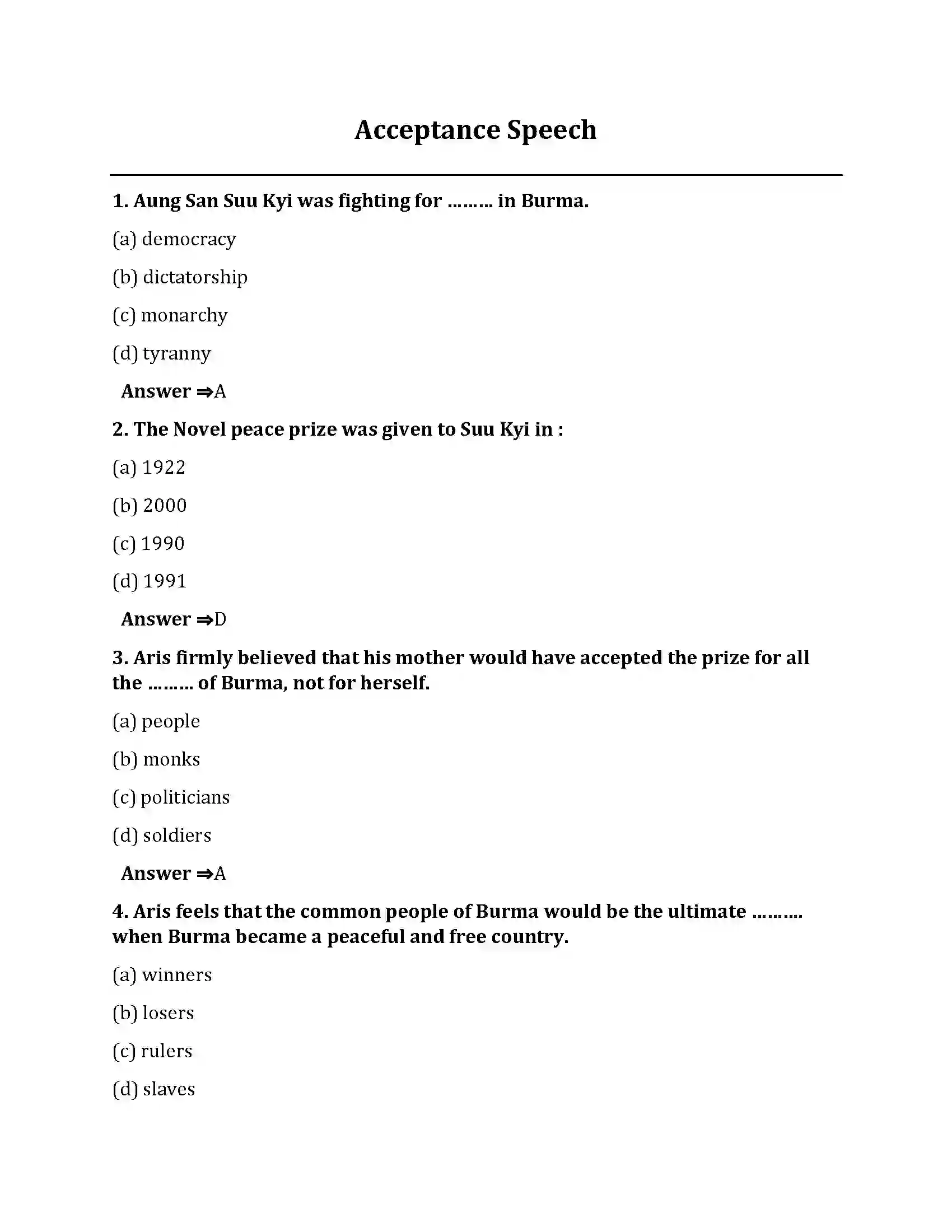 Bihar Board Class 10th Acceptance Speech Acceptance Speech  Objective Objective Question 1