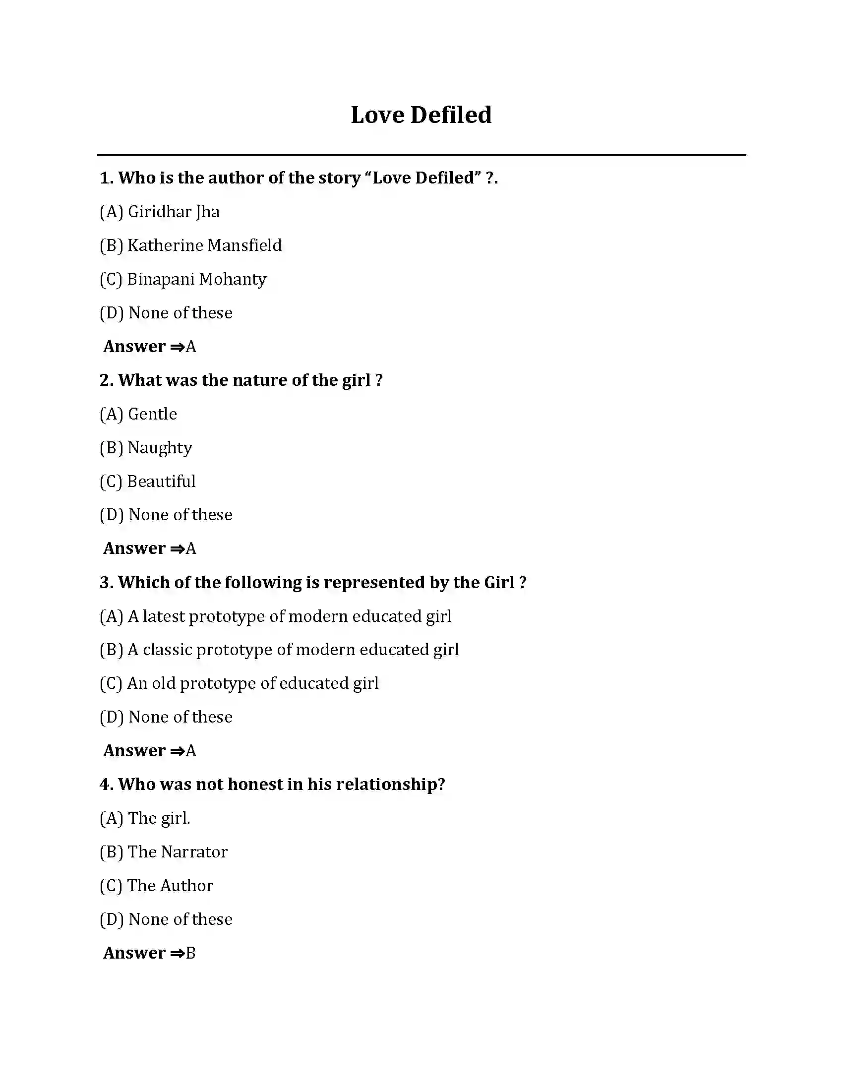 Bihar Board Class 10th Love Defiled Love Defiled  Objective Objective Question 1