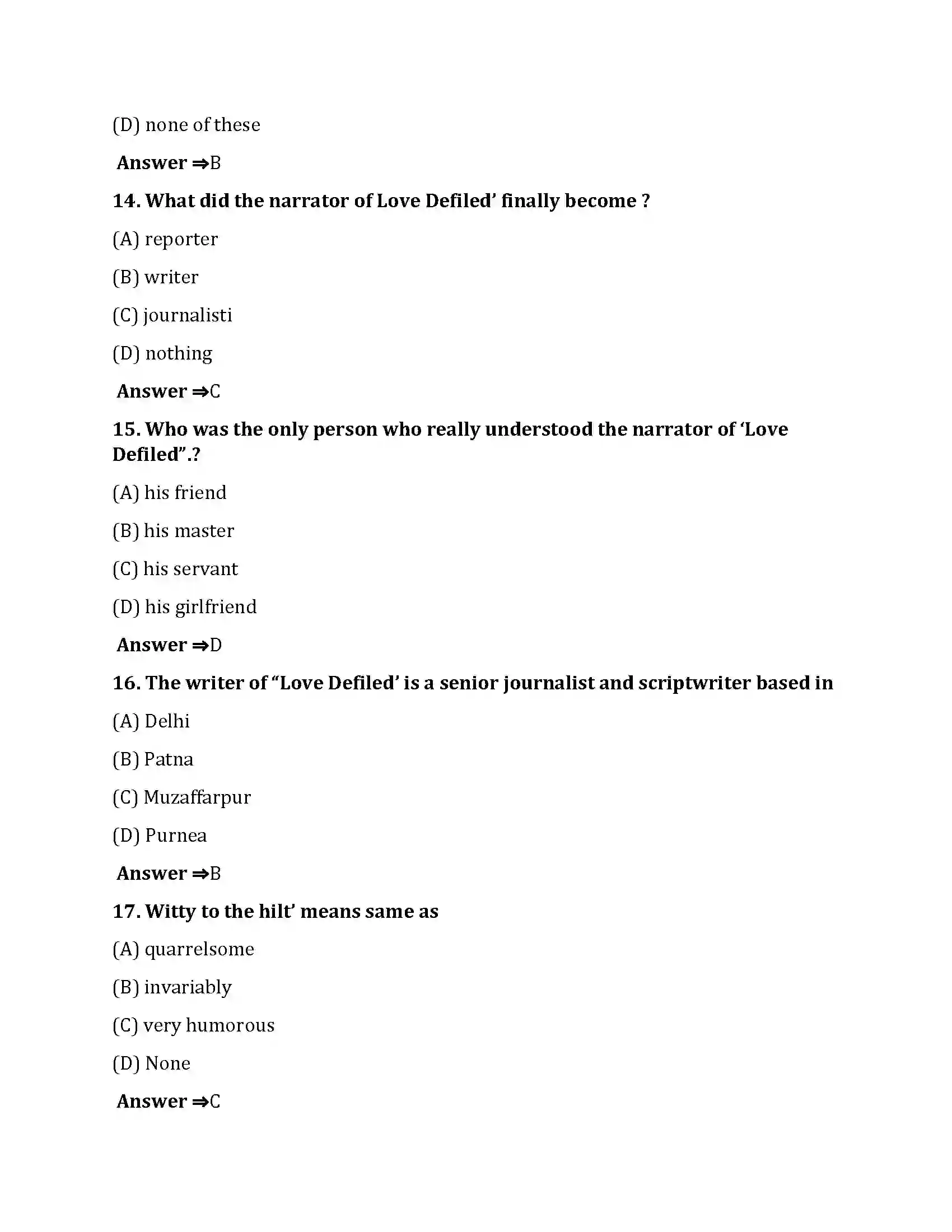 Bihar Board Class 10th Love Defiled Love Defiled  Objective Objective Question 4