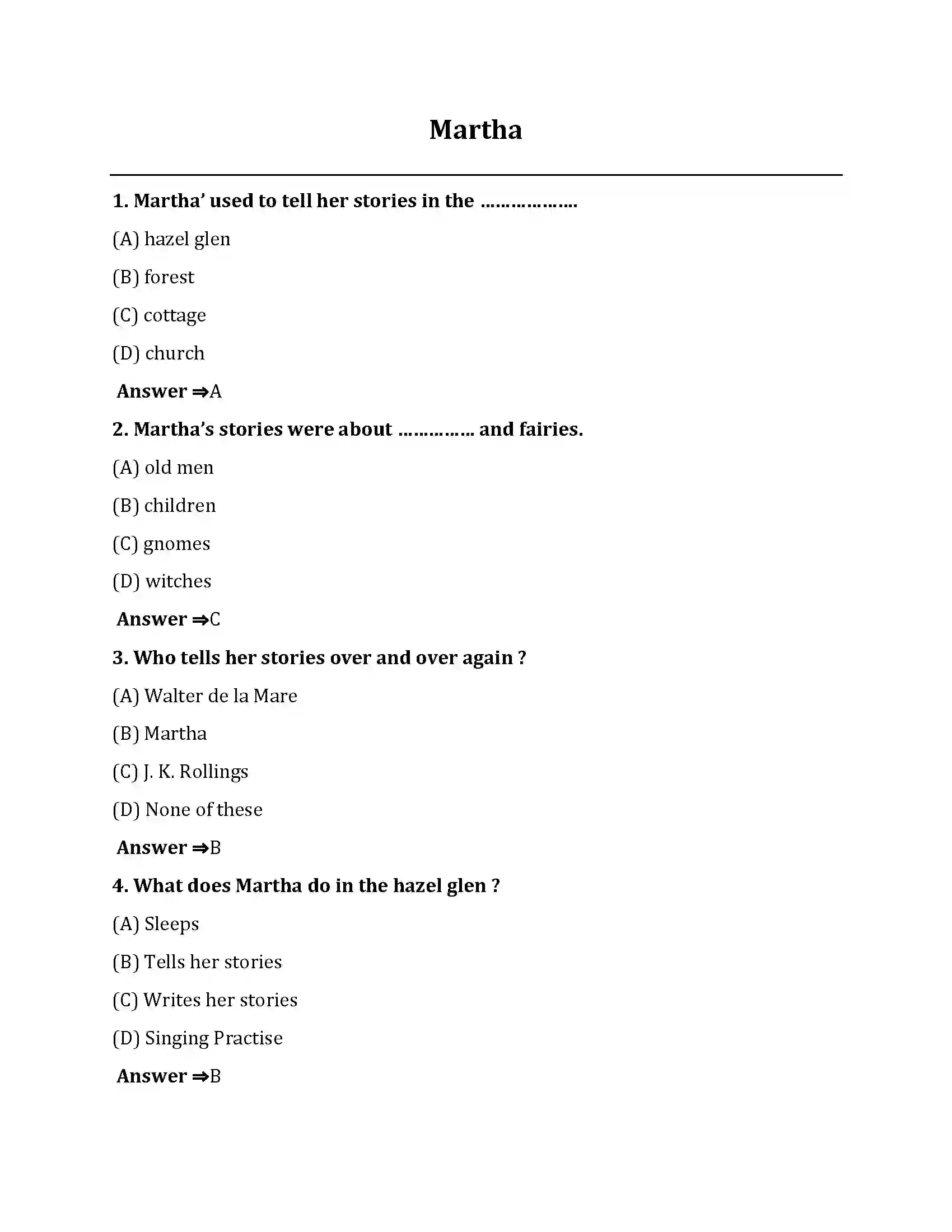 Bihar Board Class 10th Martha Martha  Objective Objective Question 1