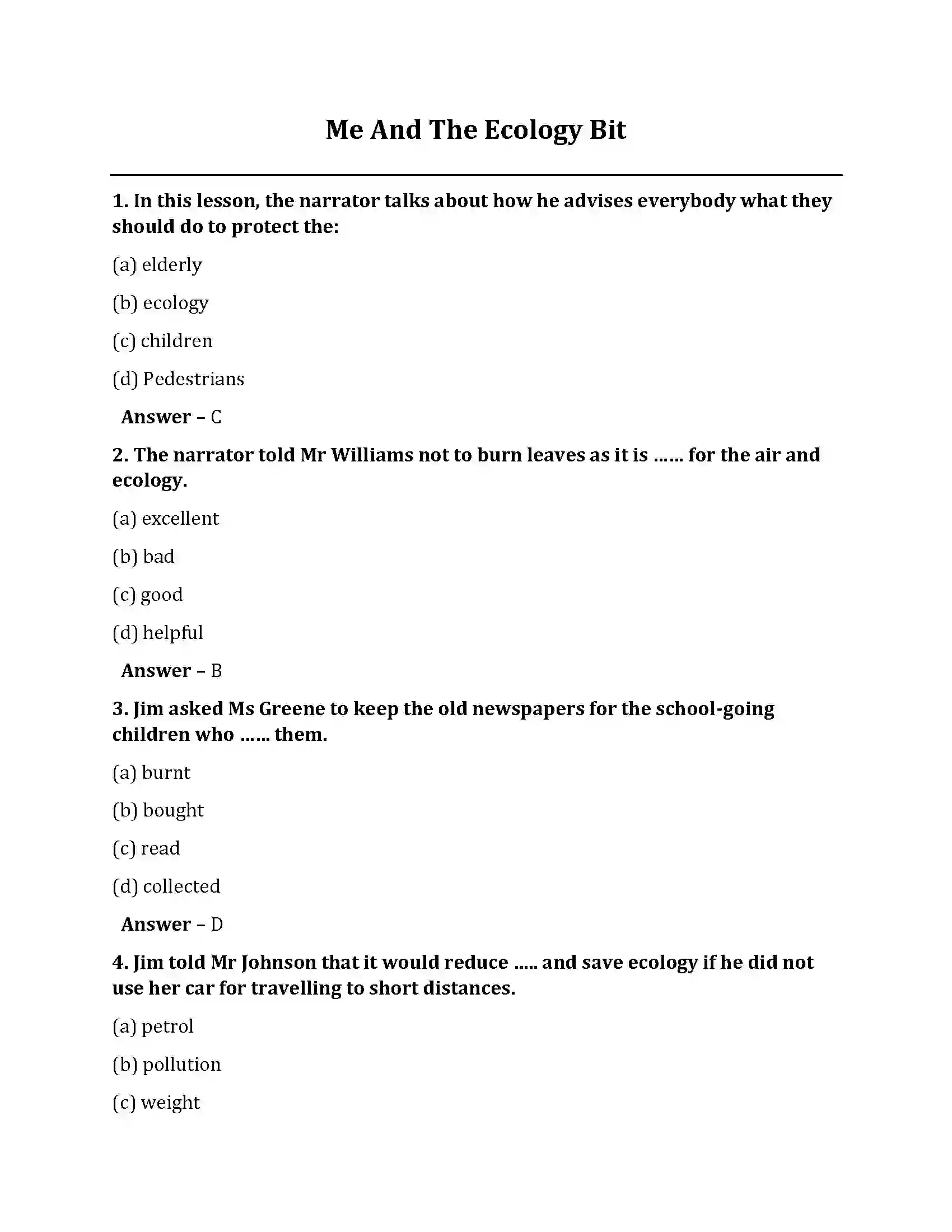 Bihar Board Class 10th Me And The Ecology Bit Me And The Ecology Bit  Objective Objective Question 1