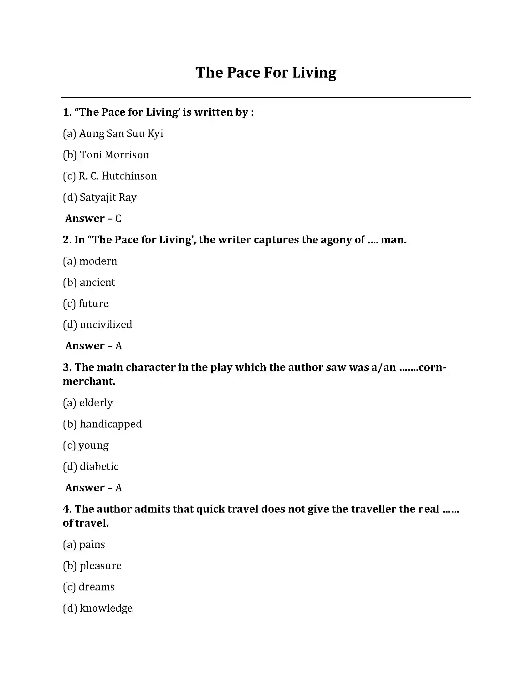 Bihar Board Class 10th The Pace For Living The Pace For Living  Objective Objective Question 1