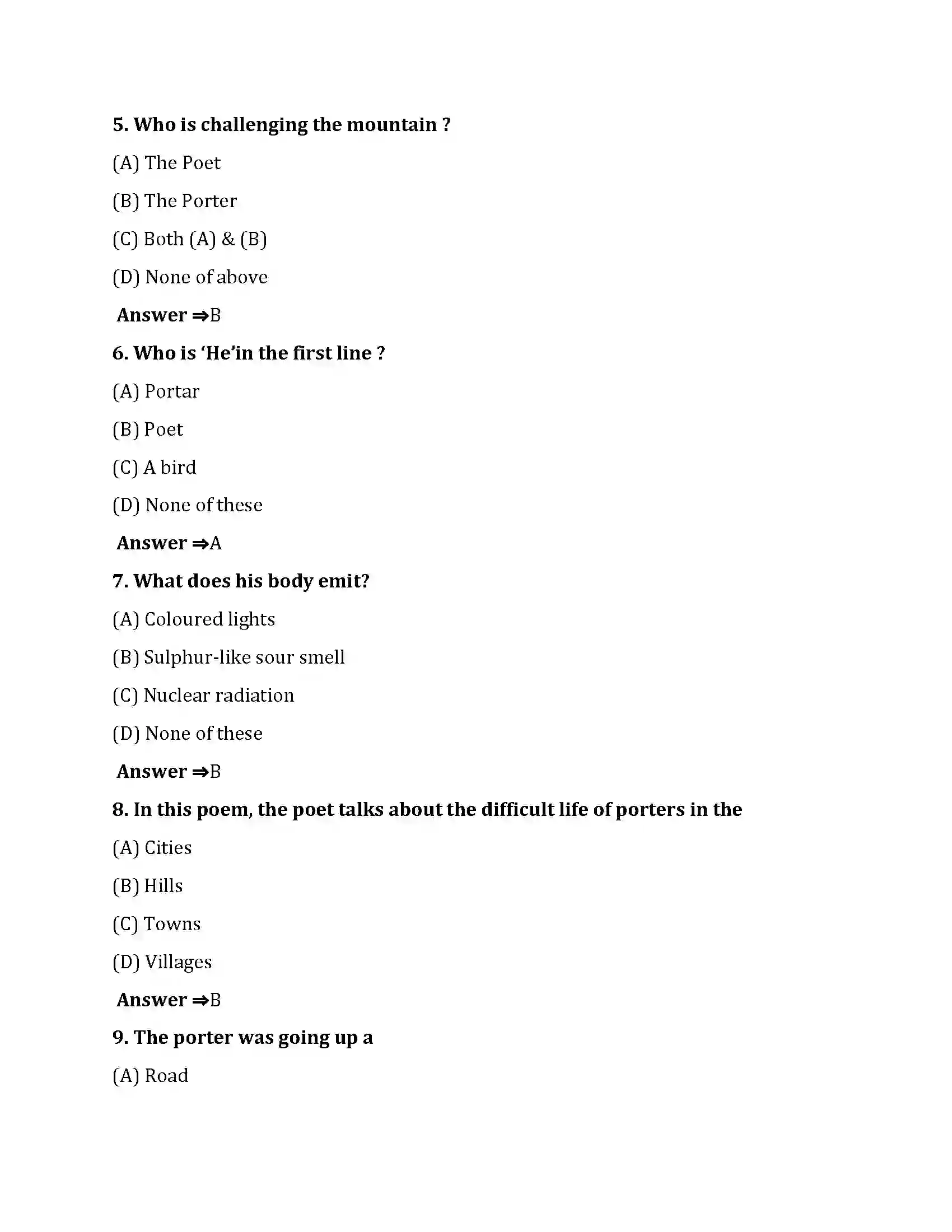 Bihar Board Class 10th The Sleeping Porter The Sleeping Porter  Objective Objective Question 2