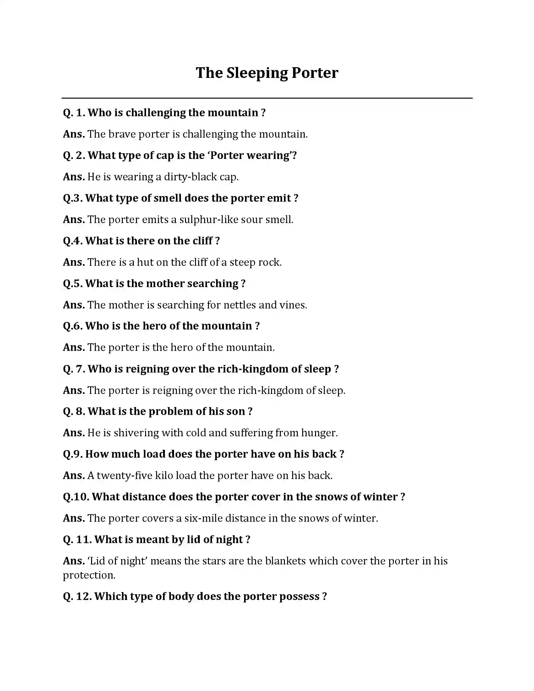 Bihar Board Class 10th The Sleeping Porter The Sleeping Porter  Subjective Objective Question 1