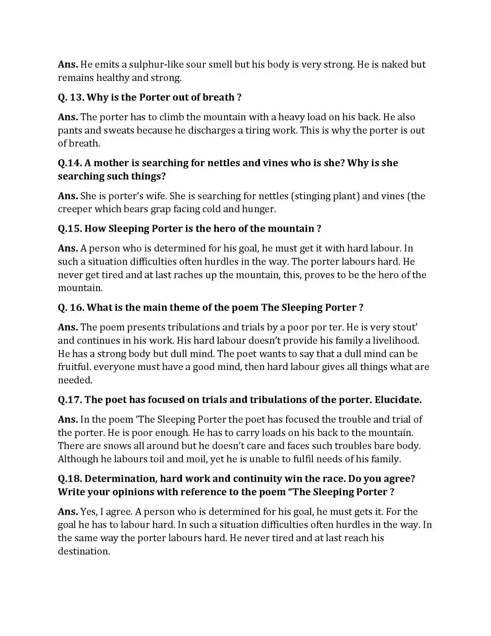 Bihar Board Class 10th The Sleeping Porter The Sleeping Porter  Subjective Objective Question 2