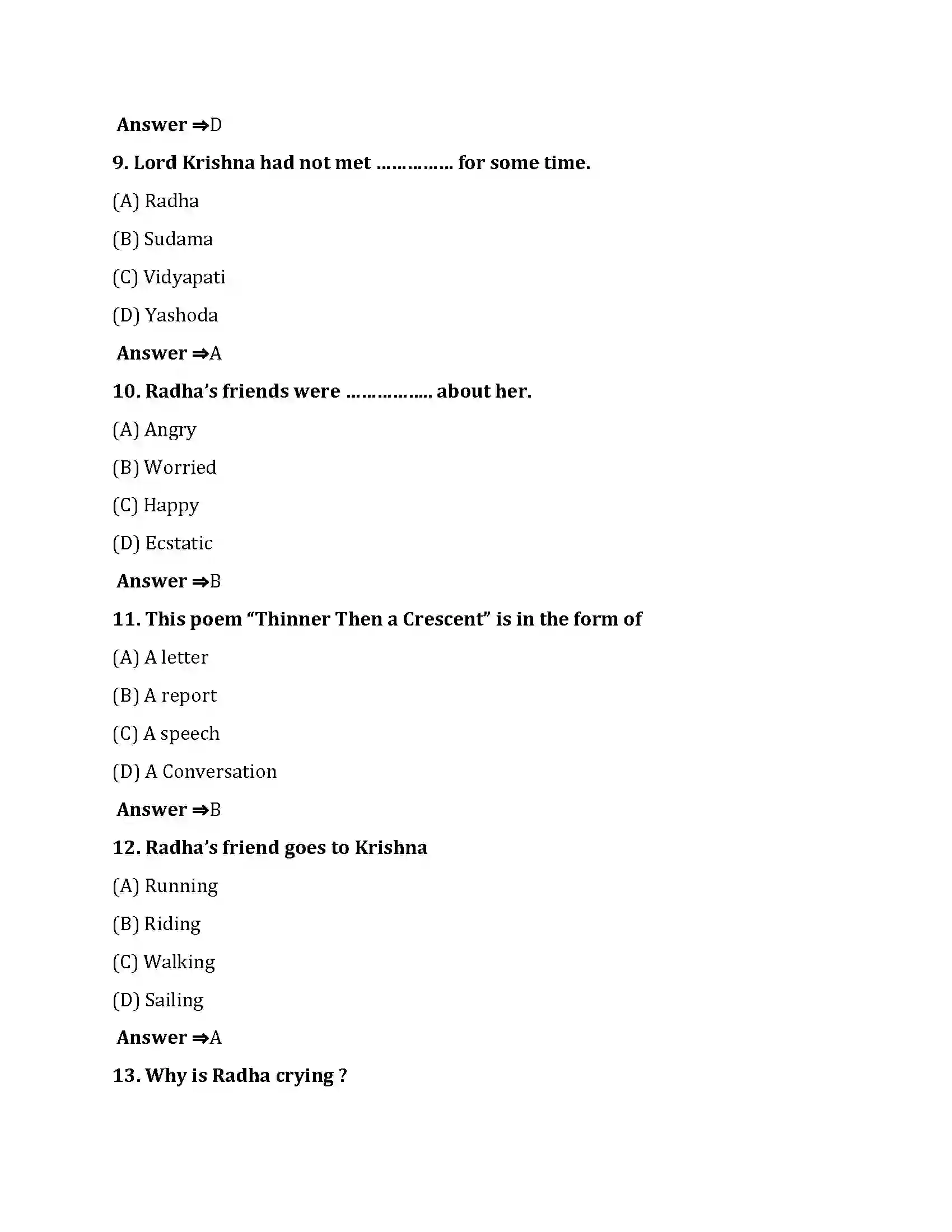 Bihar Board Class 10th Thinner Than A Crescent Thinner Than A Crescent  Objective Objective Question 3