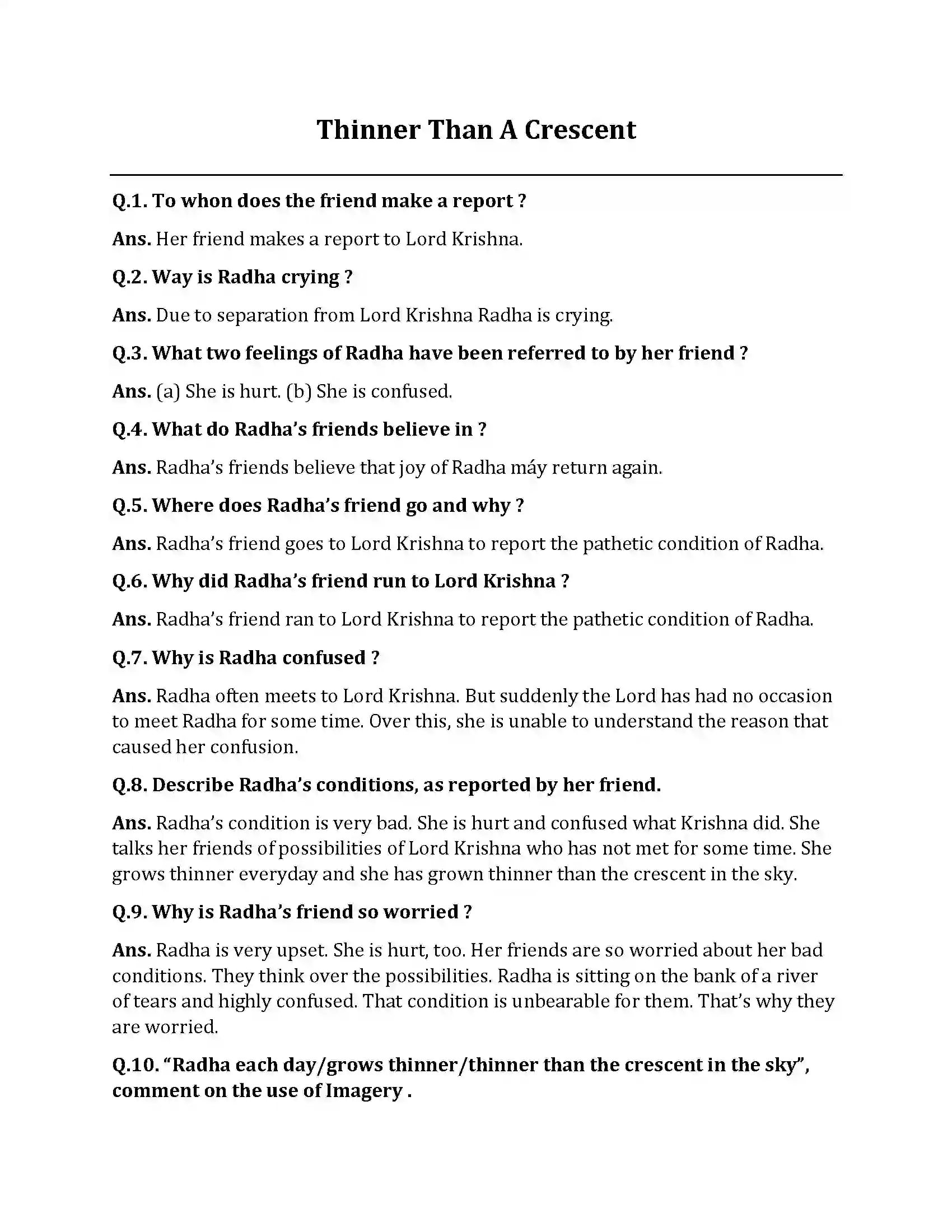 Bihar Board Class 10th Thinner Than A Crescent Thinner Than A Crescent  Subjective Objective Question 1