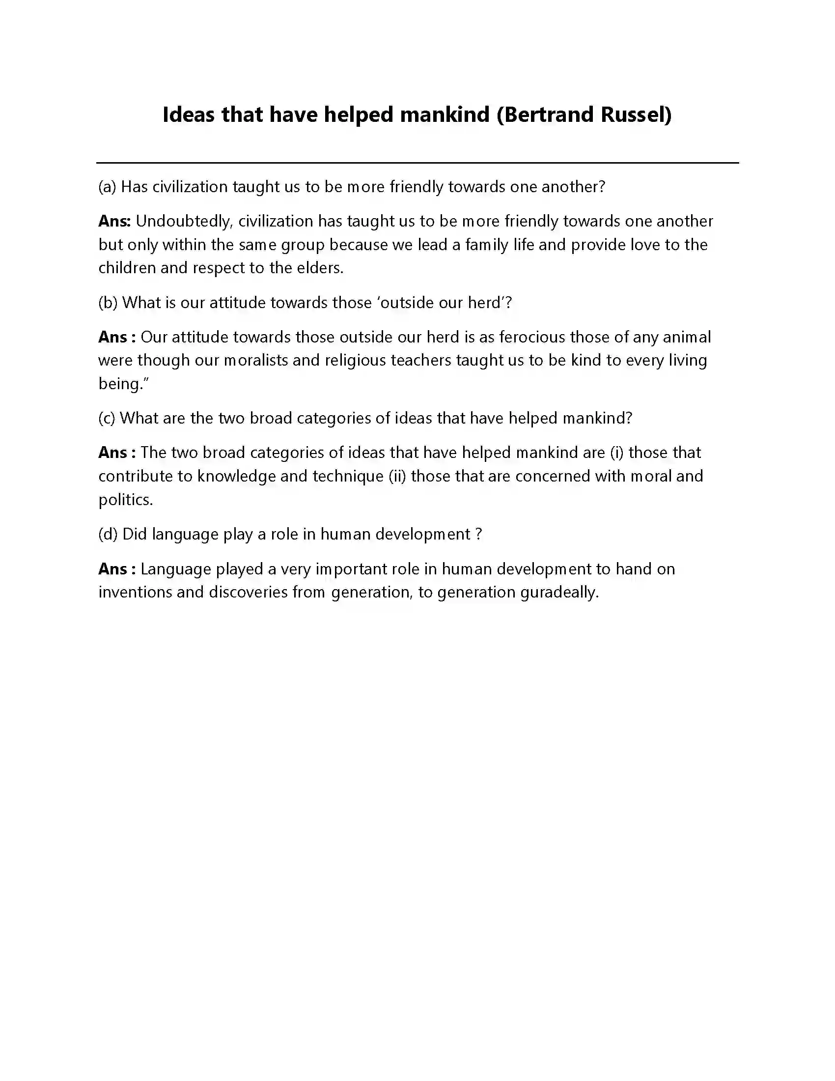 Bihar Board Class 12th Ideas That Have Helped Mankind Ideas That Have Helped Mankind  Subjective Objective Question 1