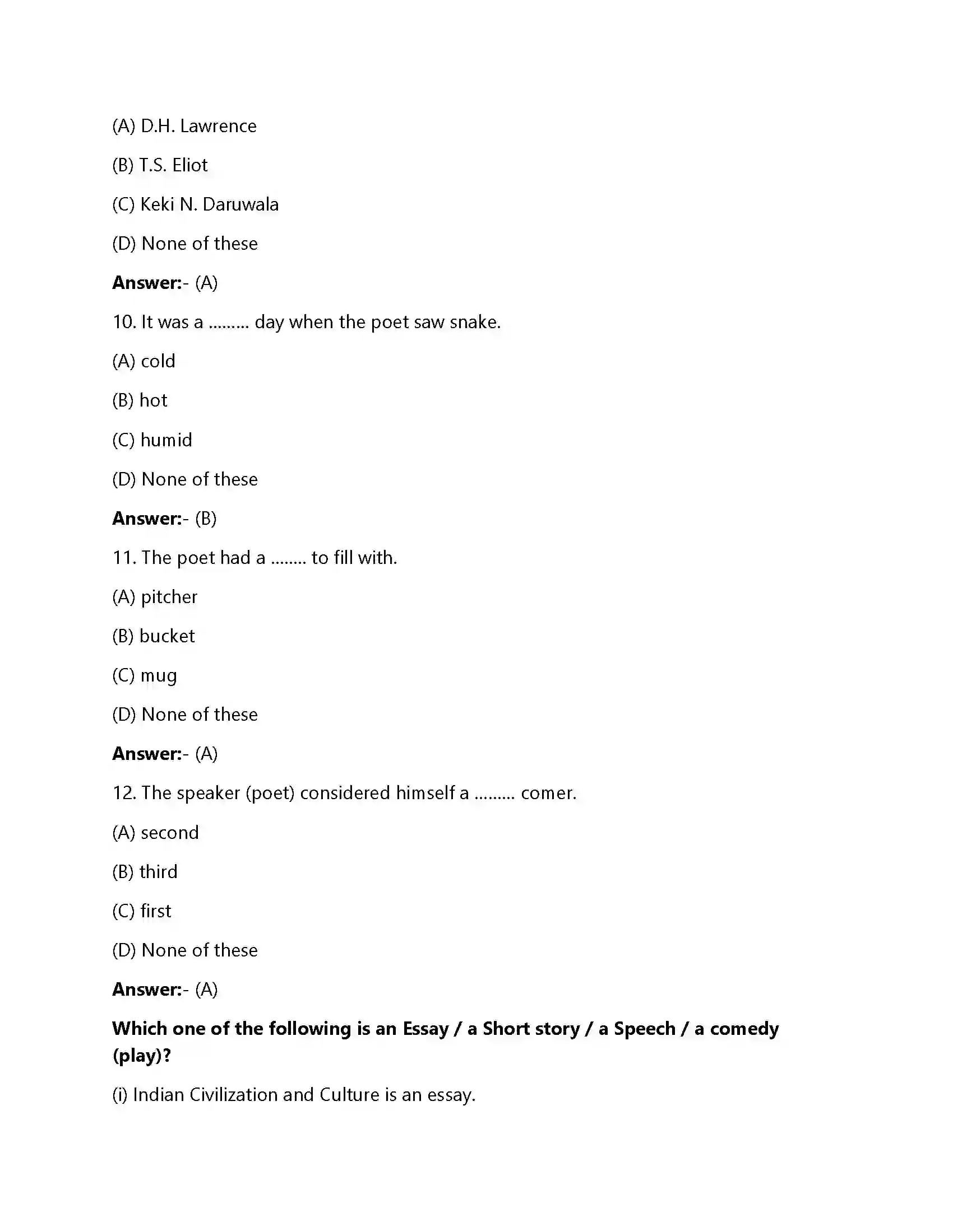 Bihar Board Class 12th Snake Snake  Objective Objective Question 3