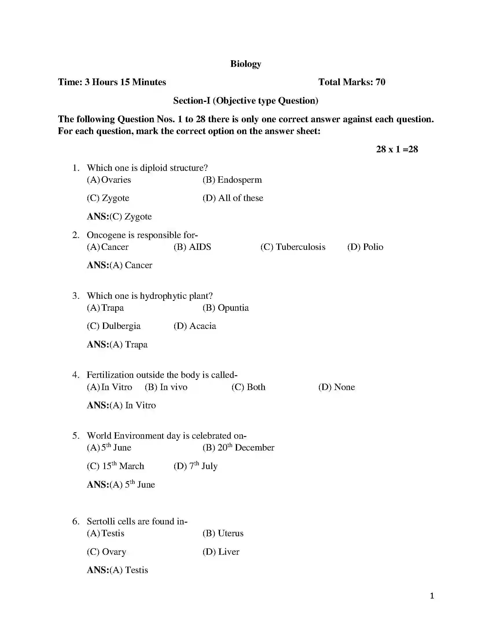 Bihar Board Class 12th 2017 Biology  2017 Previous Year Paper 1