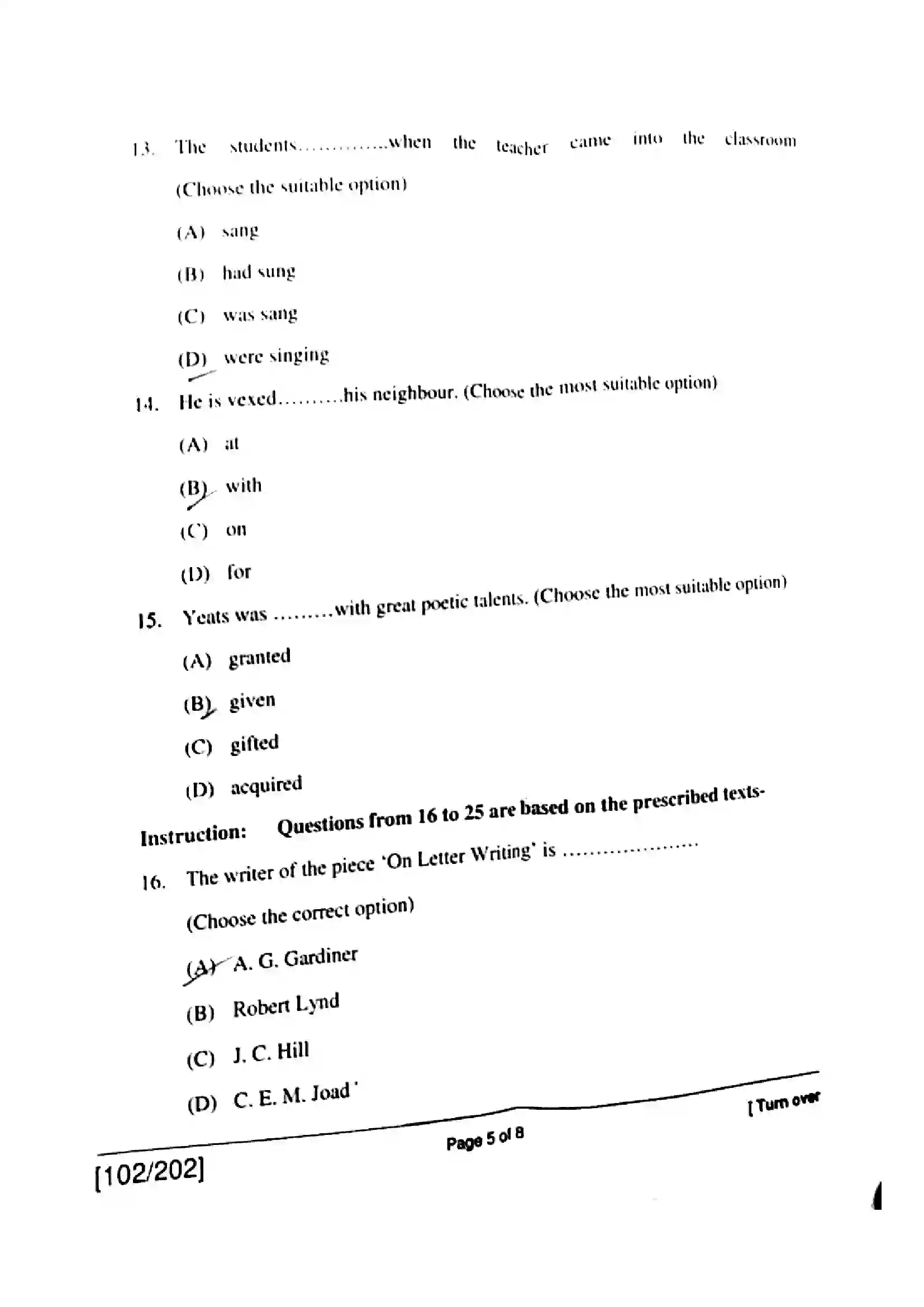Bihar Board Class 12th 2018 English  102202  2018 Previous Year Paper 5