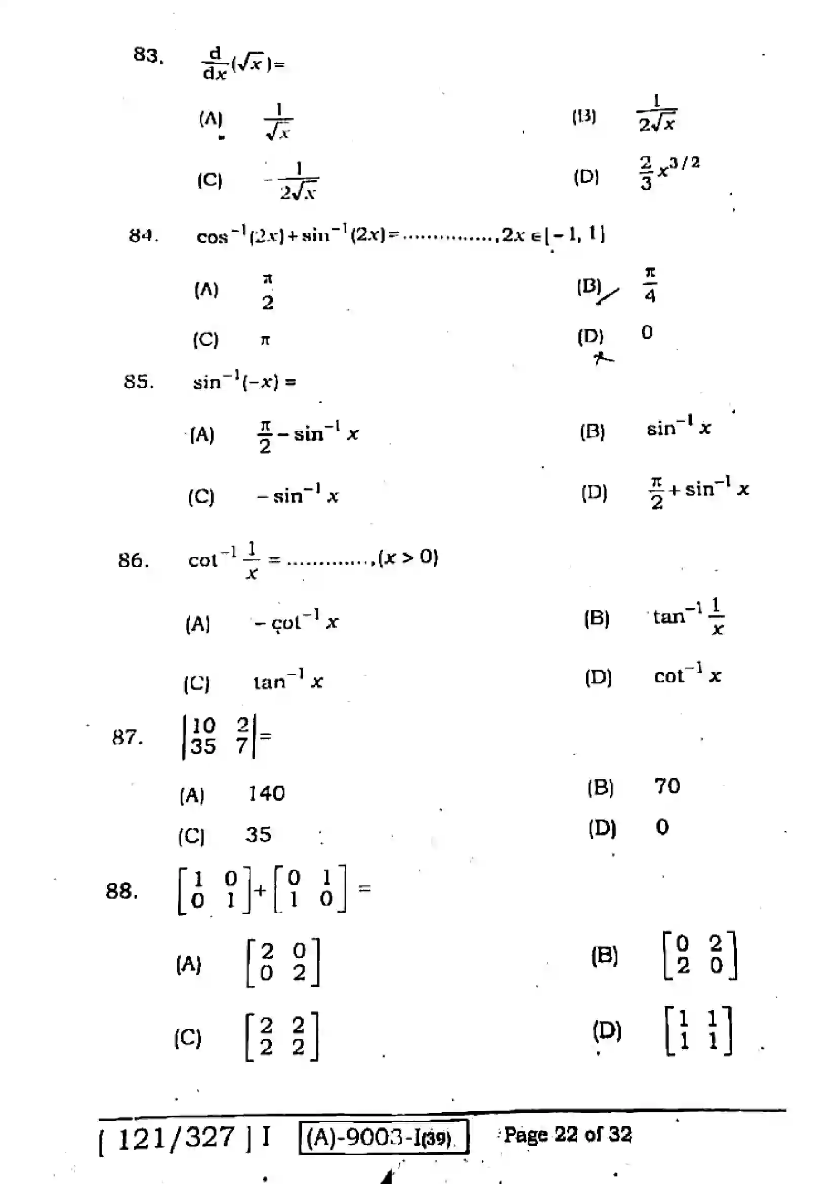 Bihar Board Class 12th 2021 Mathematics  121327I  2021 Previous Year Paper 22