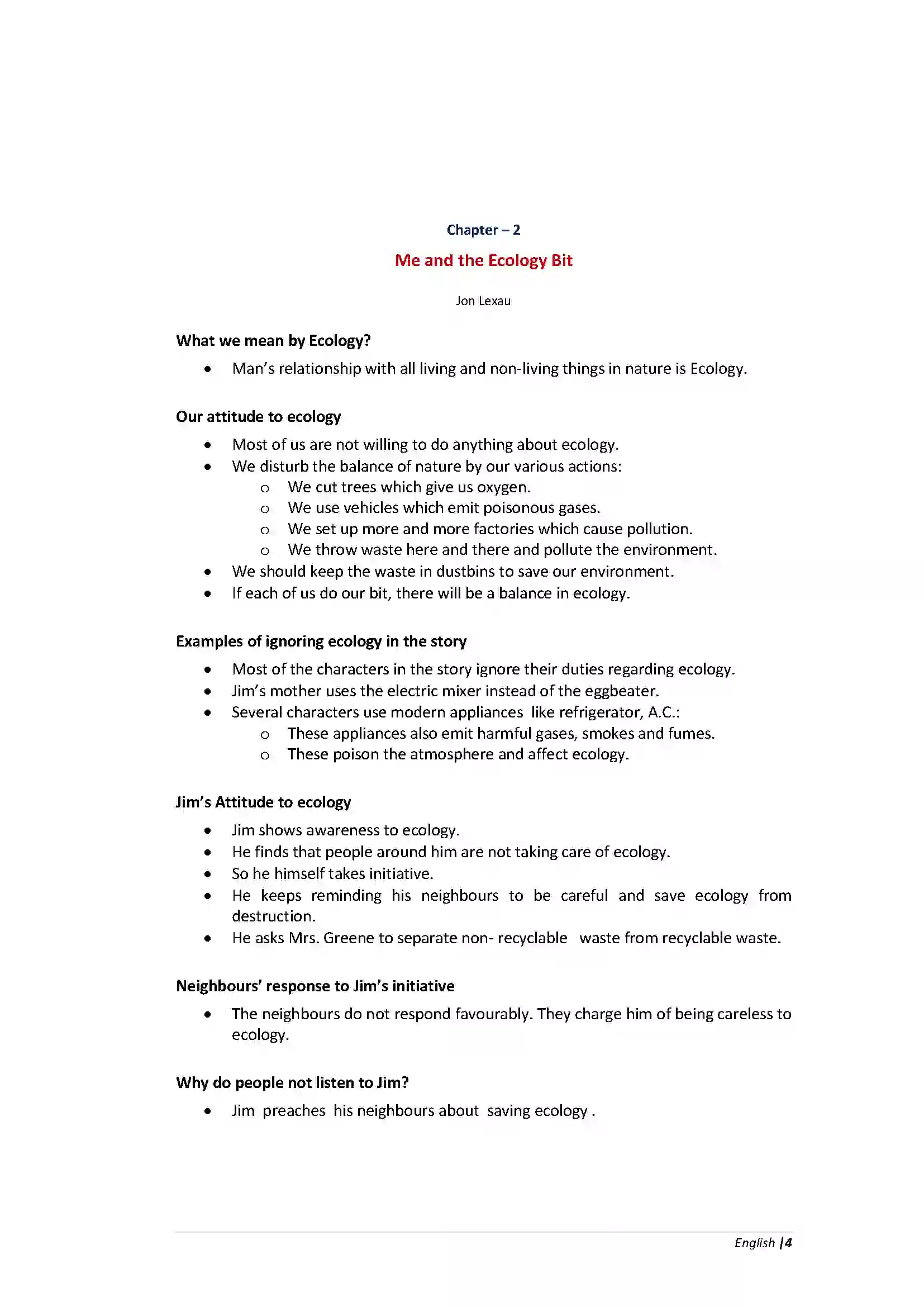 Bihar Board Class 10th English Me and the Ecology Bit  Chapter Revision Note 1