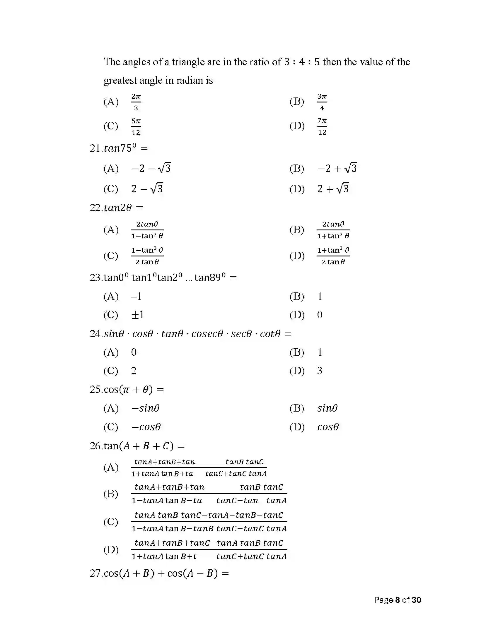 Bihar Board Class 10th 2025 Adv Math (Opt) Sample Paper 8