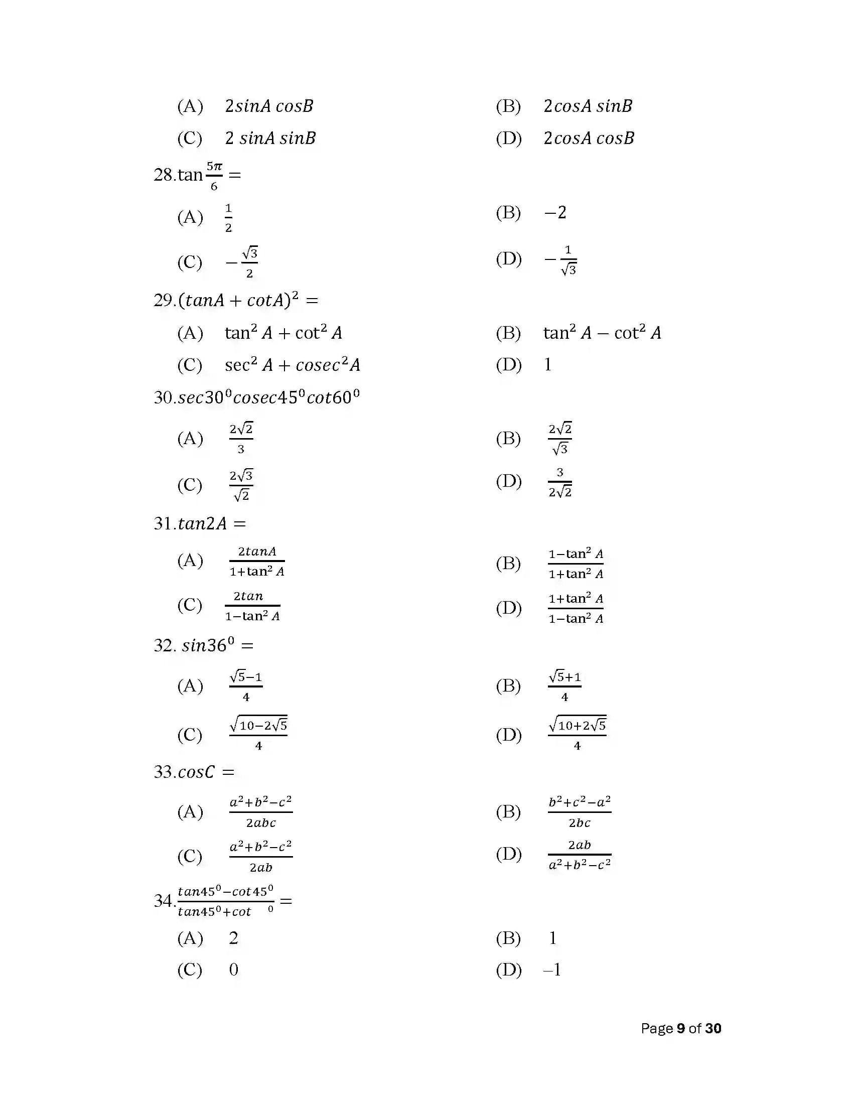 Bihar Board Class 10th 2025 Adv Math (Opt) Sample Paper 9