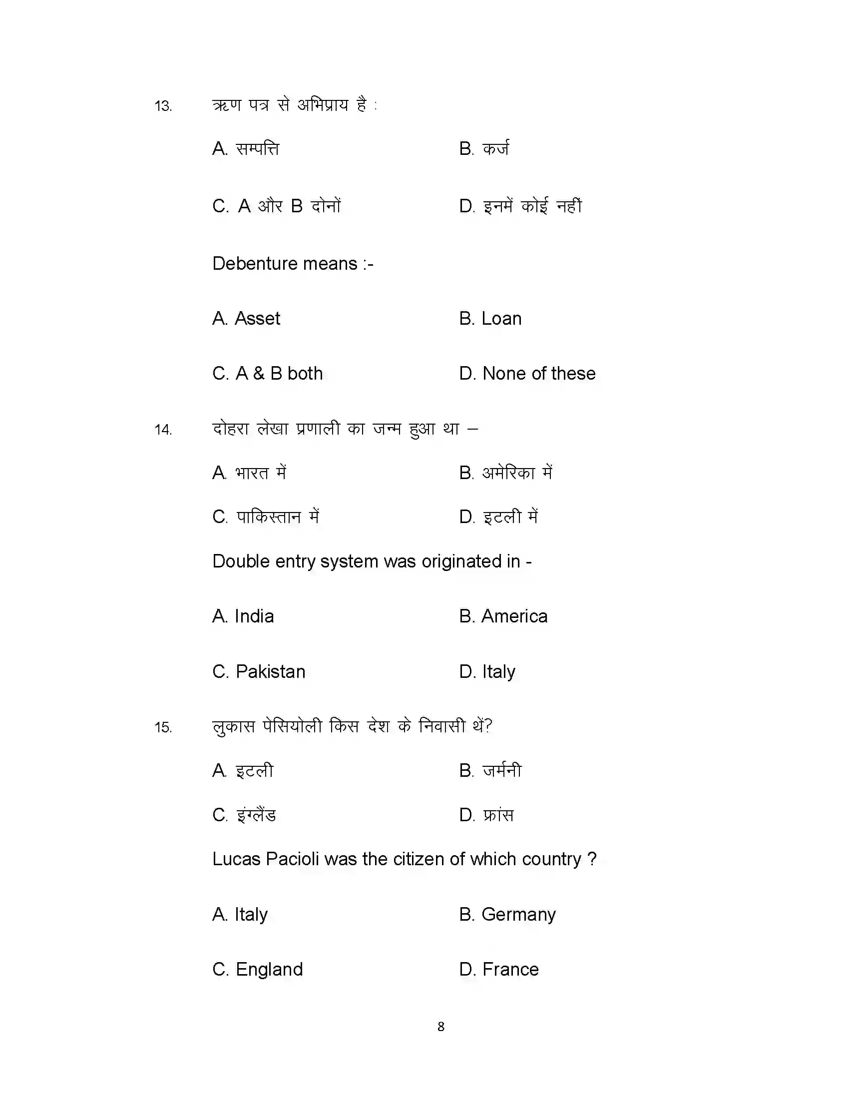 Bihar Board Class 10th 2020 Commerce (Opt) Sample Paper 8