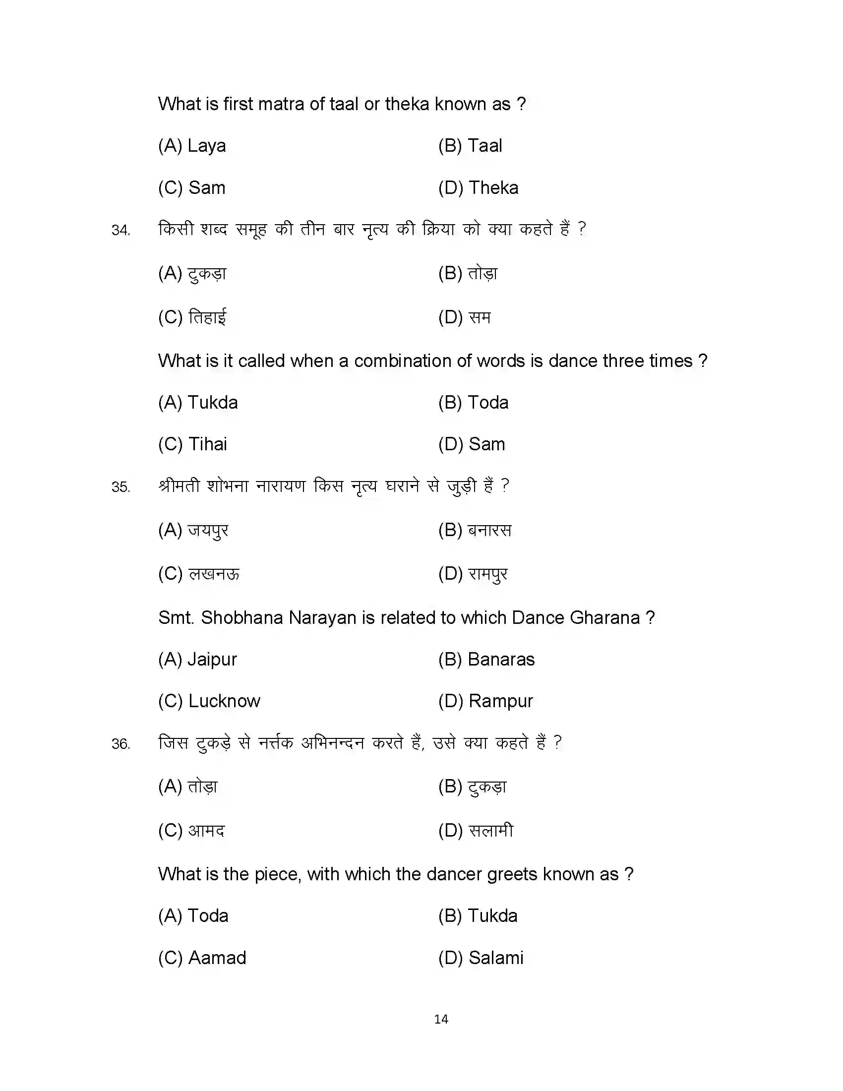 Bihar Board Class 10th 2023 Dance Sample Paper 14
