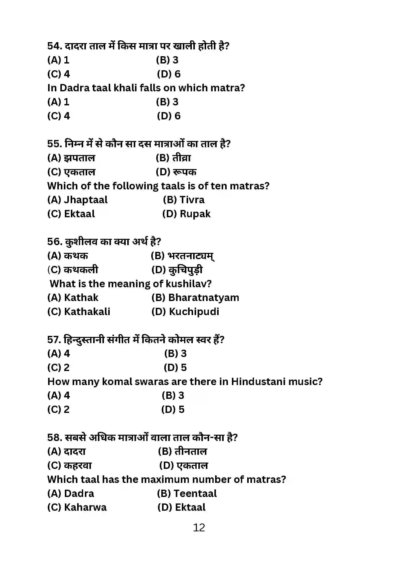 Bihar Board Class 10th 2024 Dance Sample Paper 12