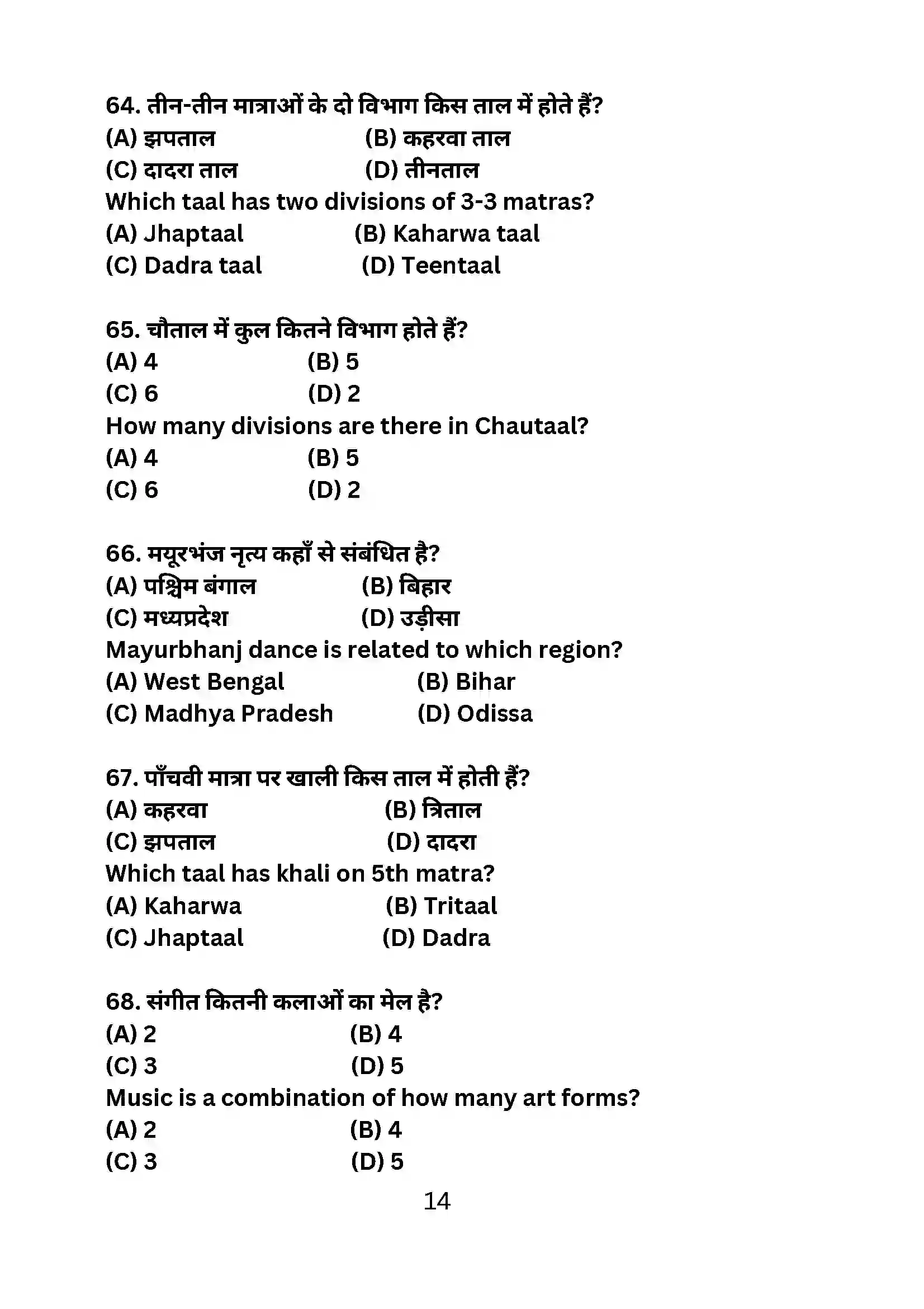 Bihar Board Class 10th 2024 Dance Sample Paper 14