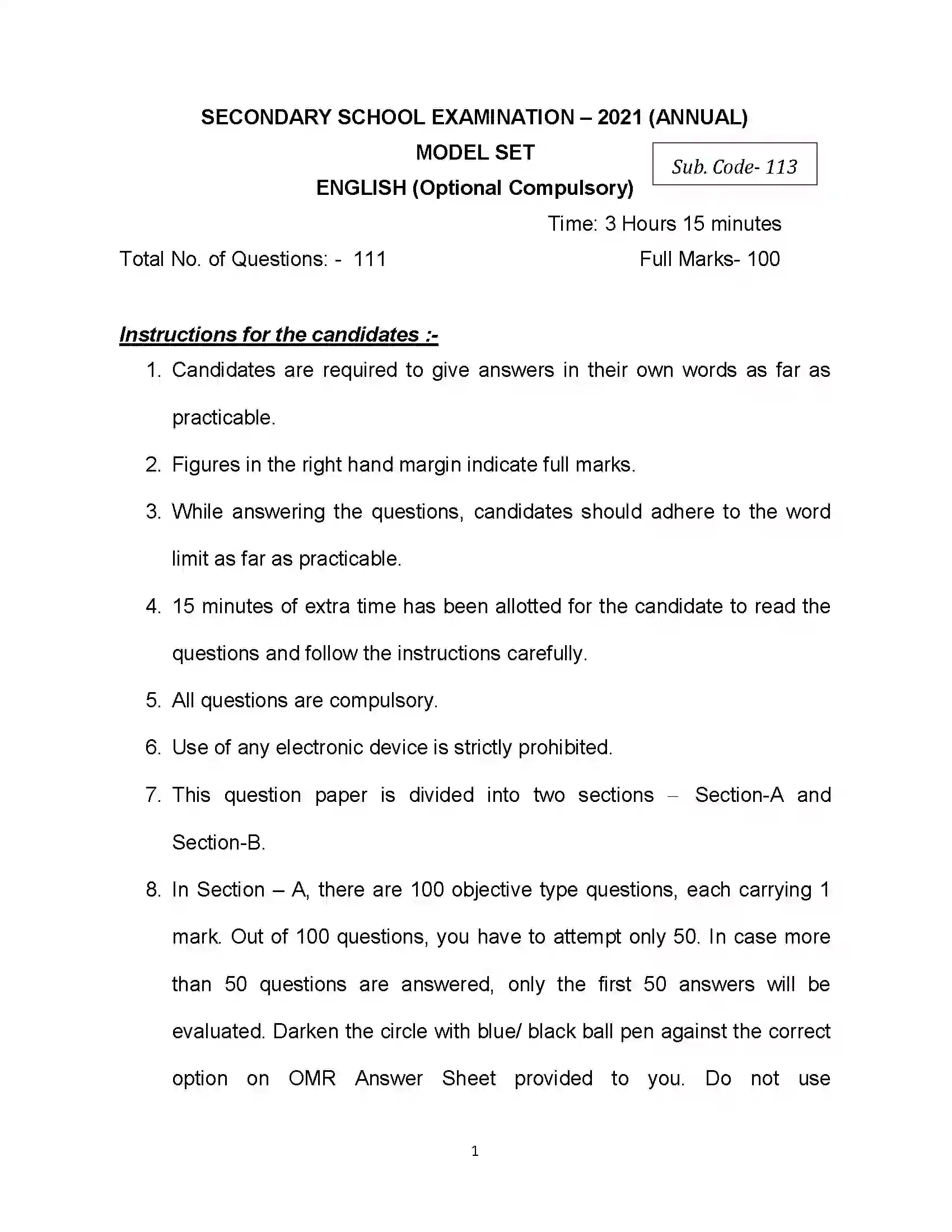 Bihar Board Class 10th 2021 English Sample Paper 1