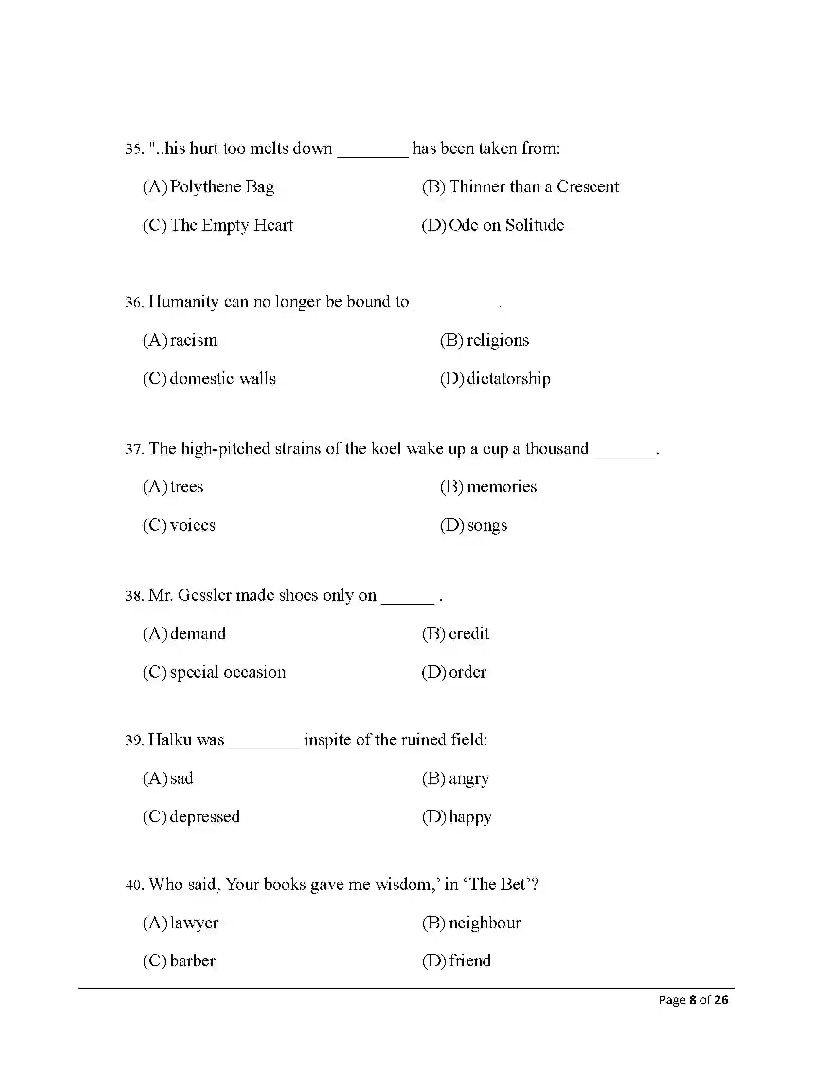 Bihar Board Class 10th 2026 English Sample Paper 8