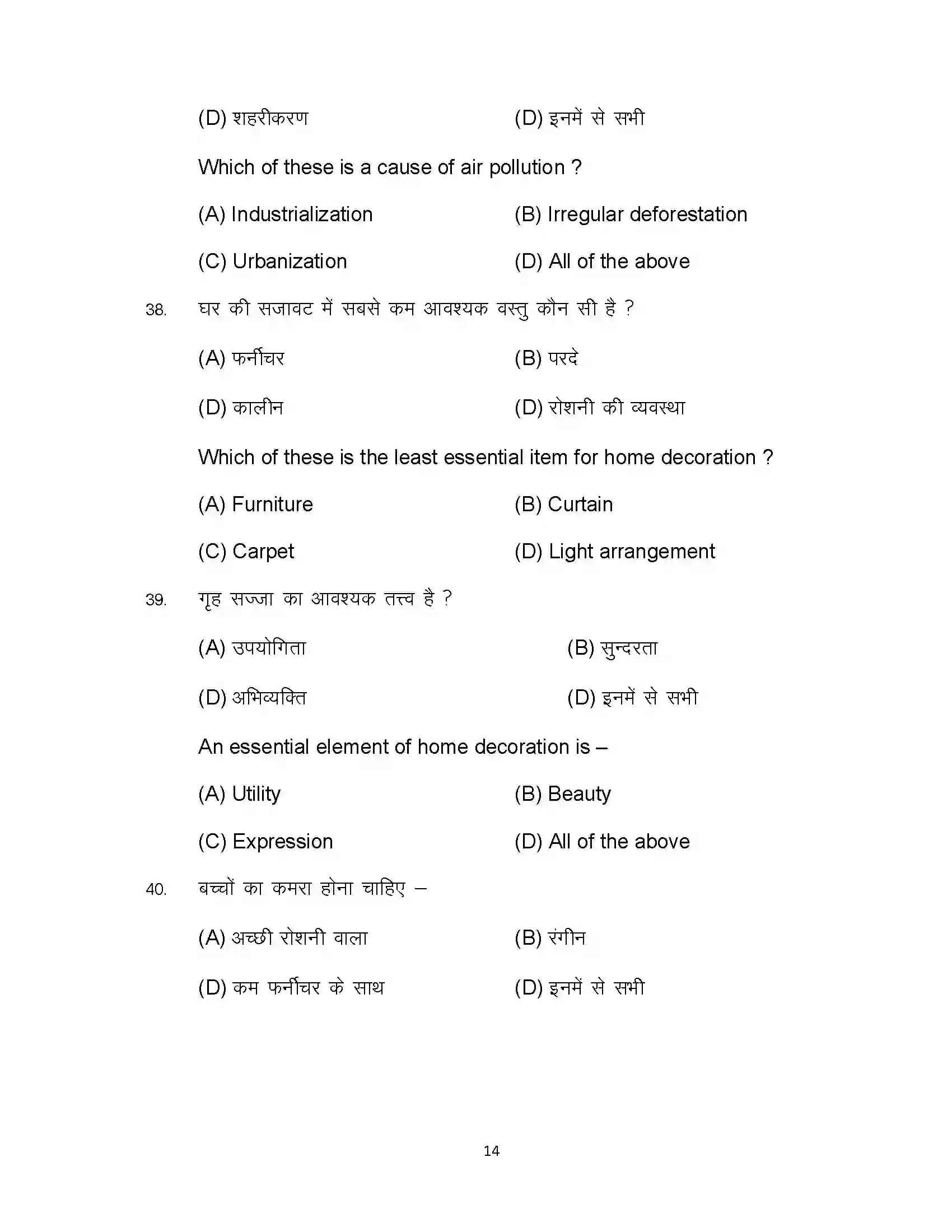 Bihar Board Class 10th 2023 Home Science Sample Paper 14