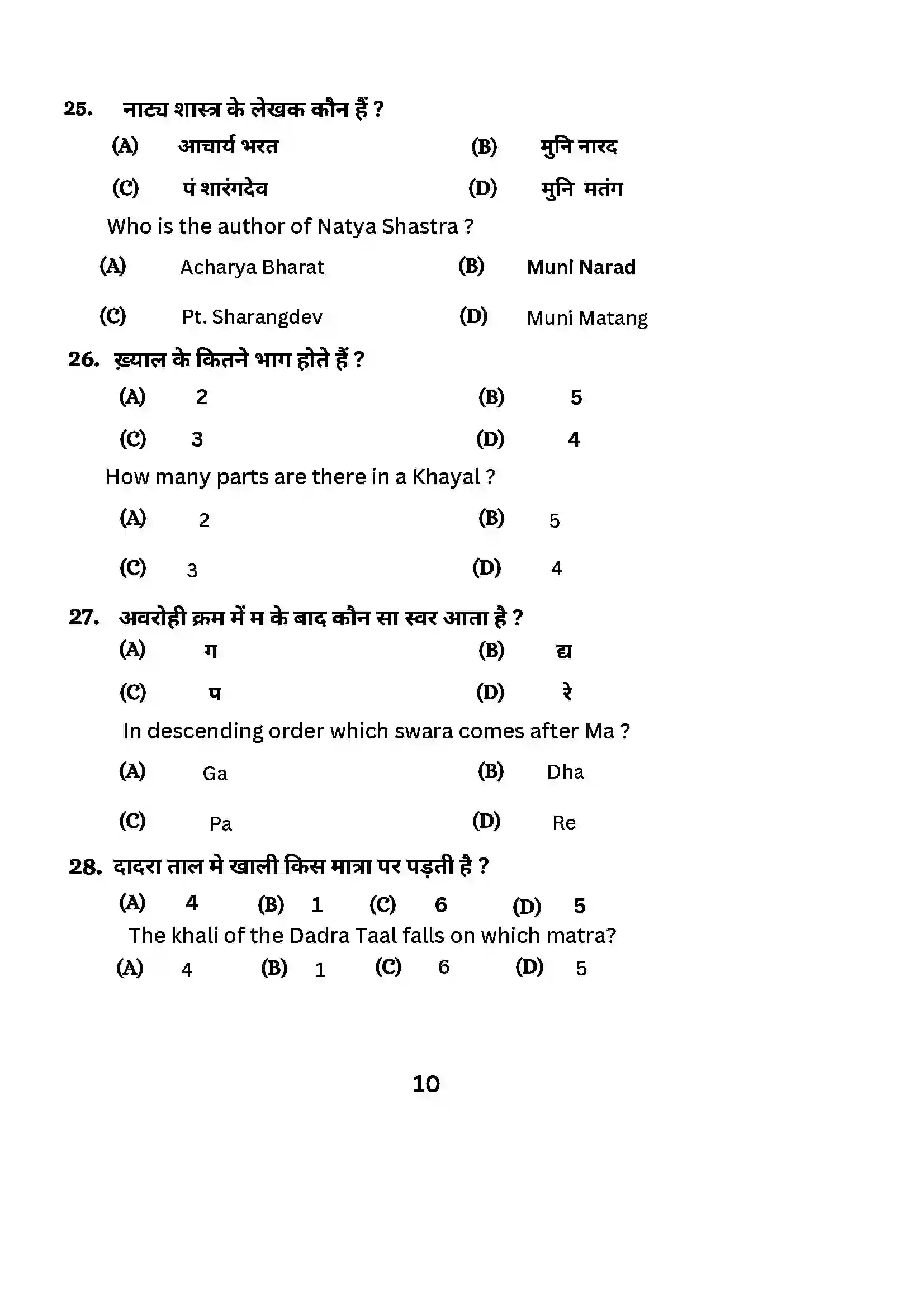 Bihar Board Class 10th 2024 Music (Theory) Sample Paper 10