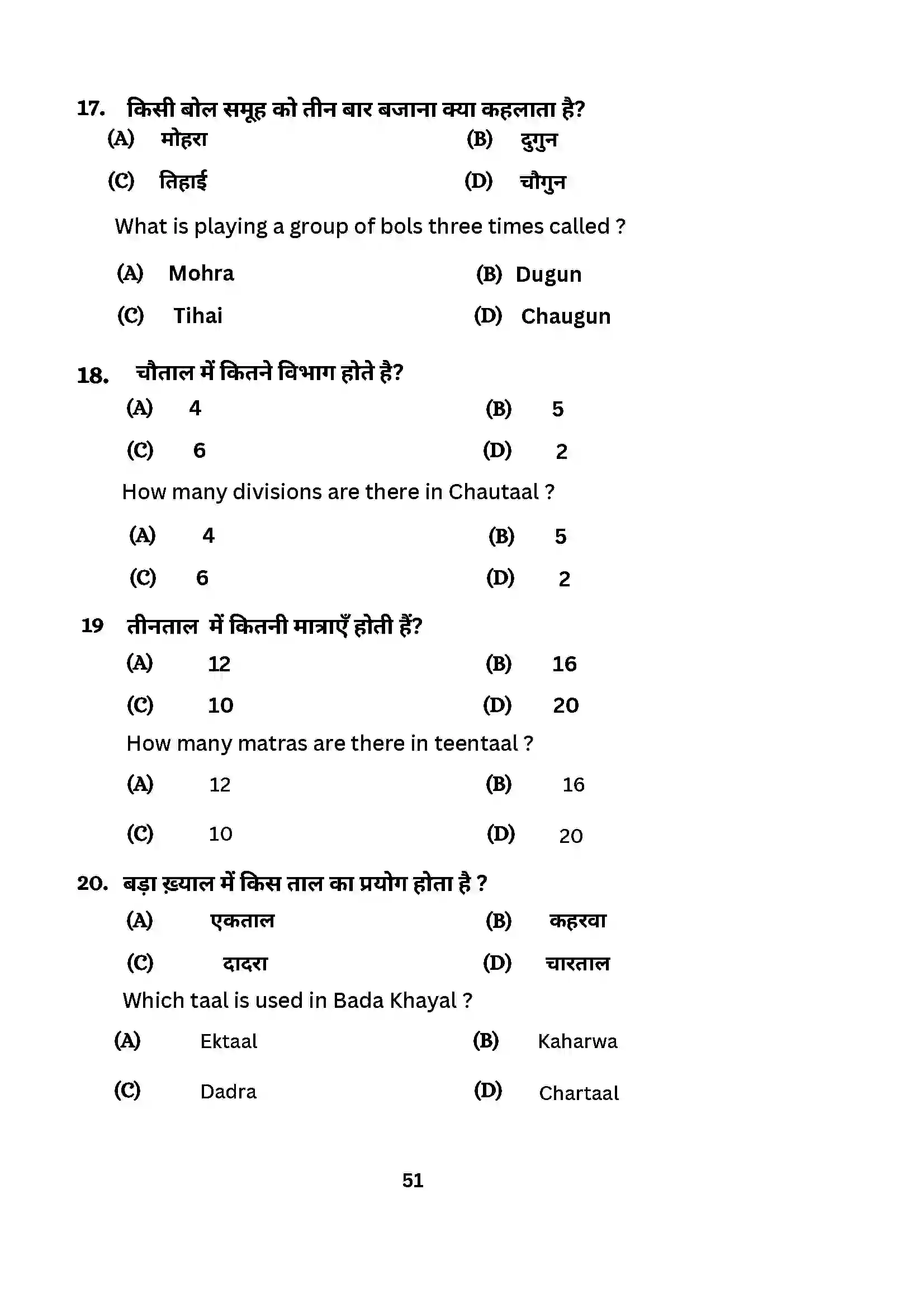 Bihar Board Class 10th 2024 Music (Theory) Sample Paper 51