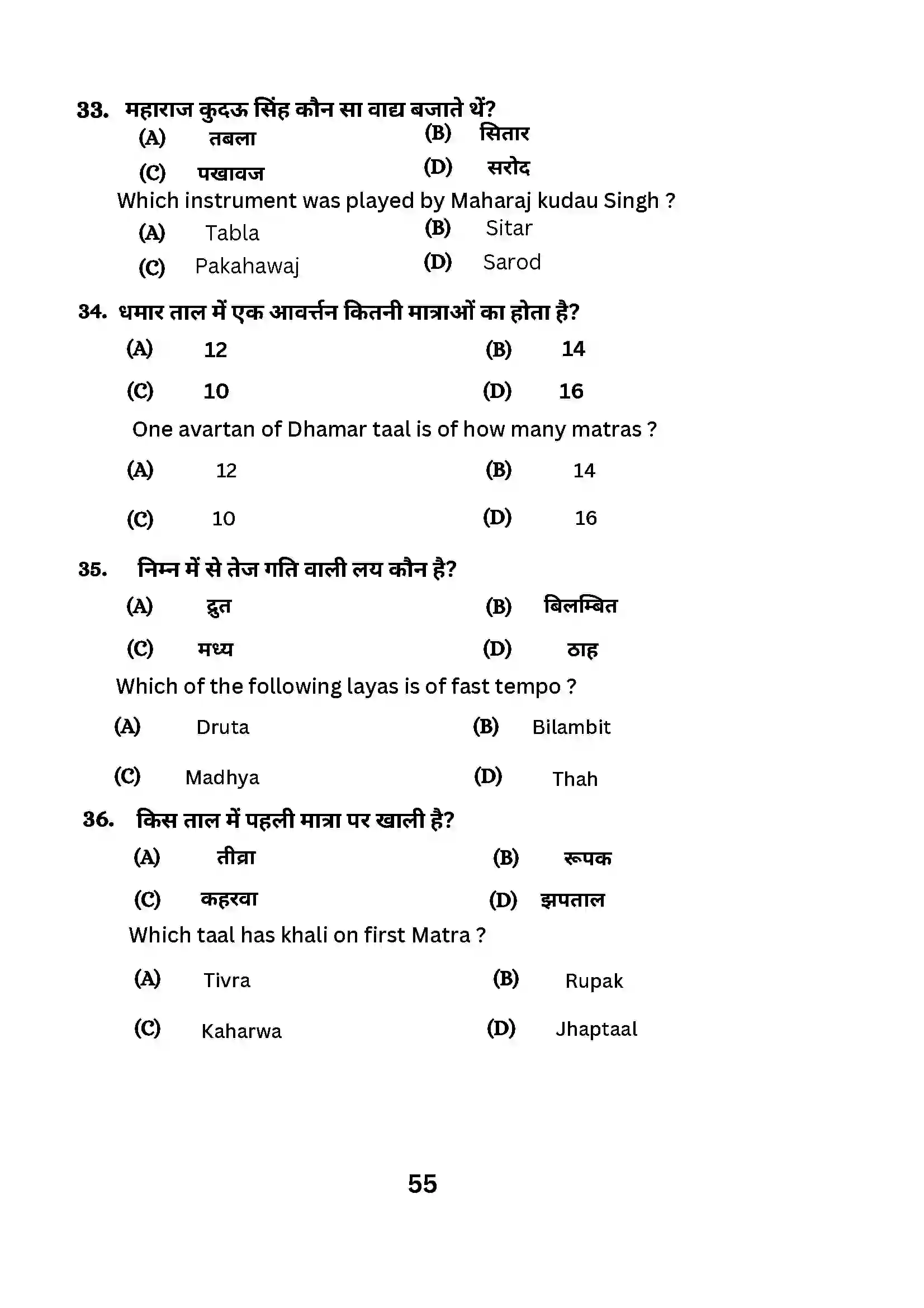 Bihar Board Class 10th 2024 Music (Theory) Sample Paper 55