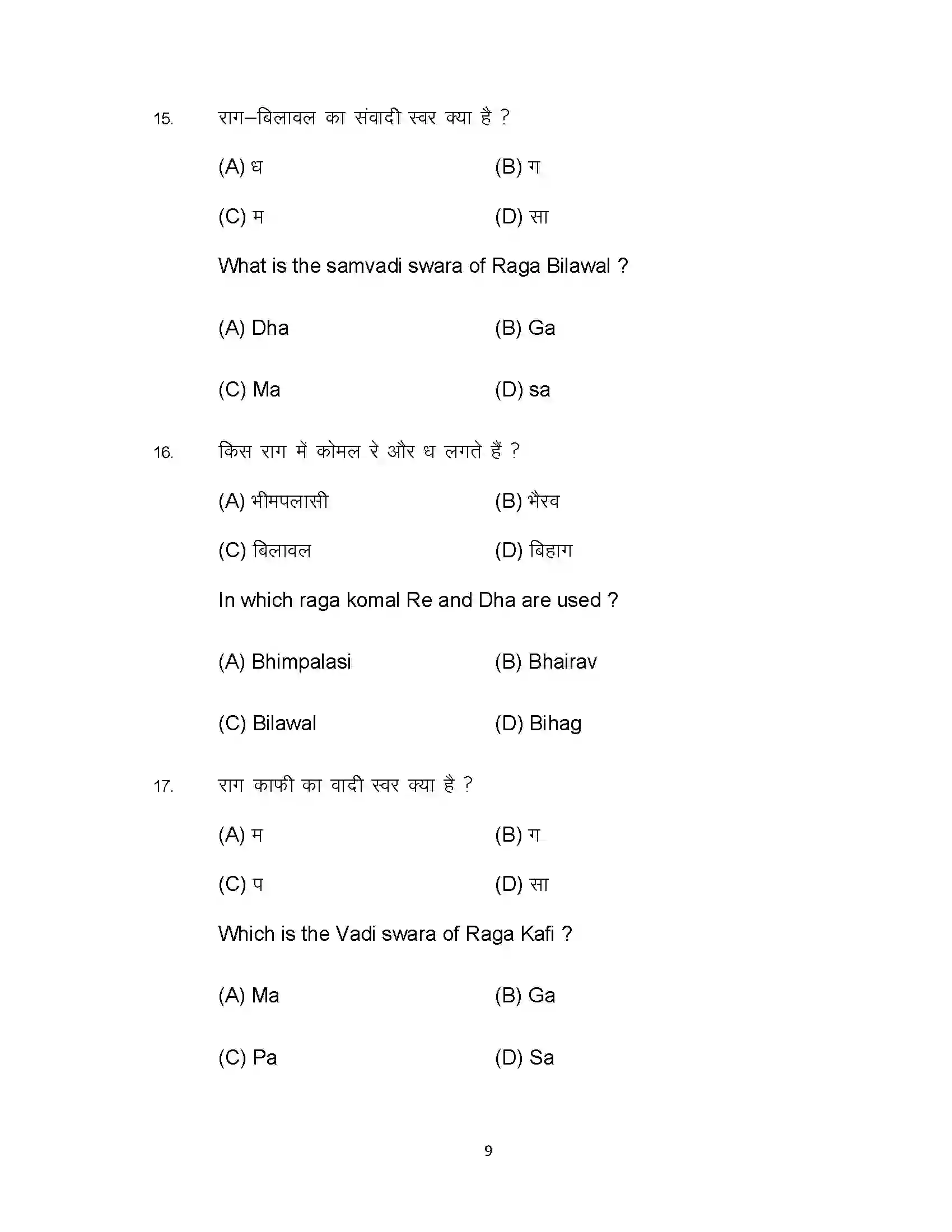 Bihar Board Class 10th 2024 Music Sample Paper 9