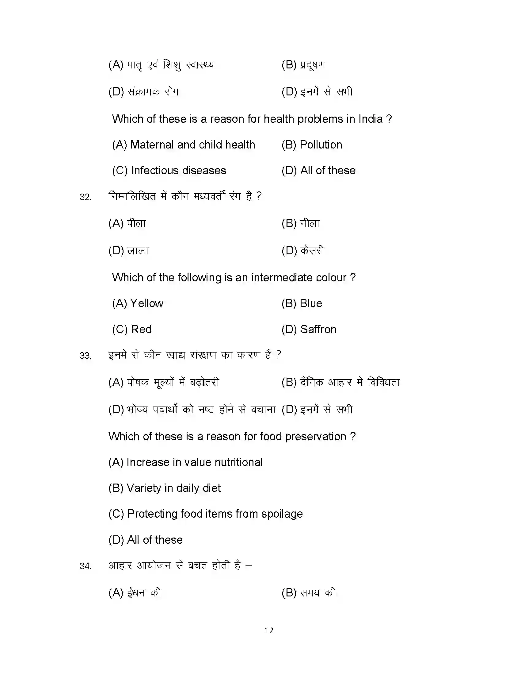 Bihar Board Class 12th 2024 Home Science Sample Paper 12