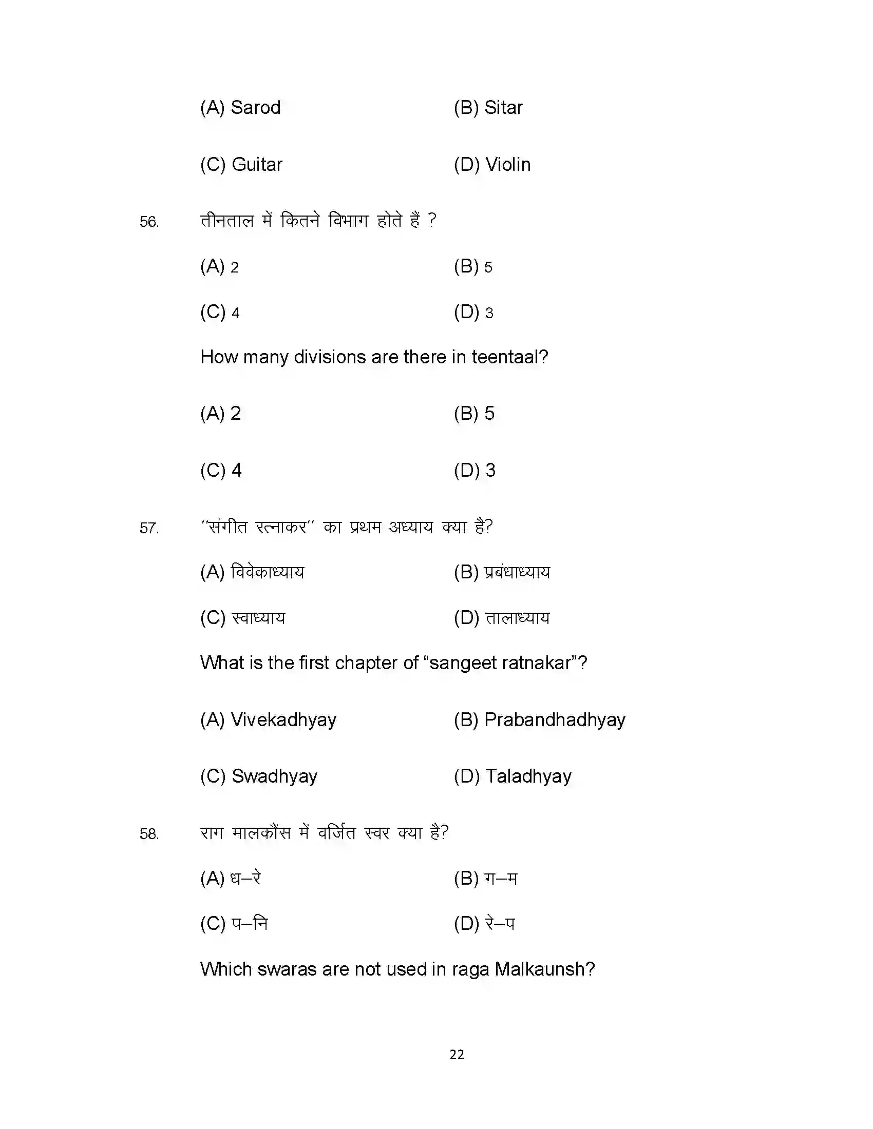 Bihar Board Class 12th 2022 Music (Elective) Sample Paper 22