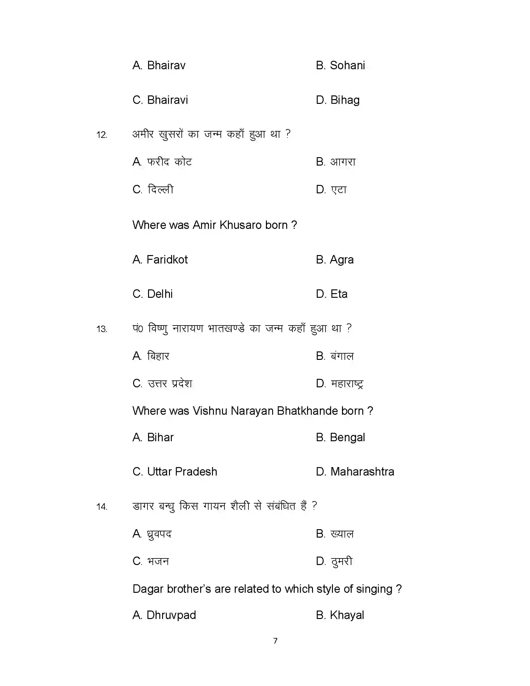 Bihar Board Class 12th 2021 Music Sample Paper 7