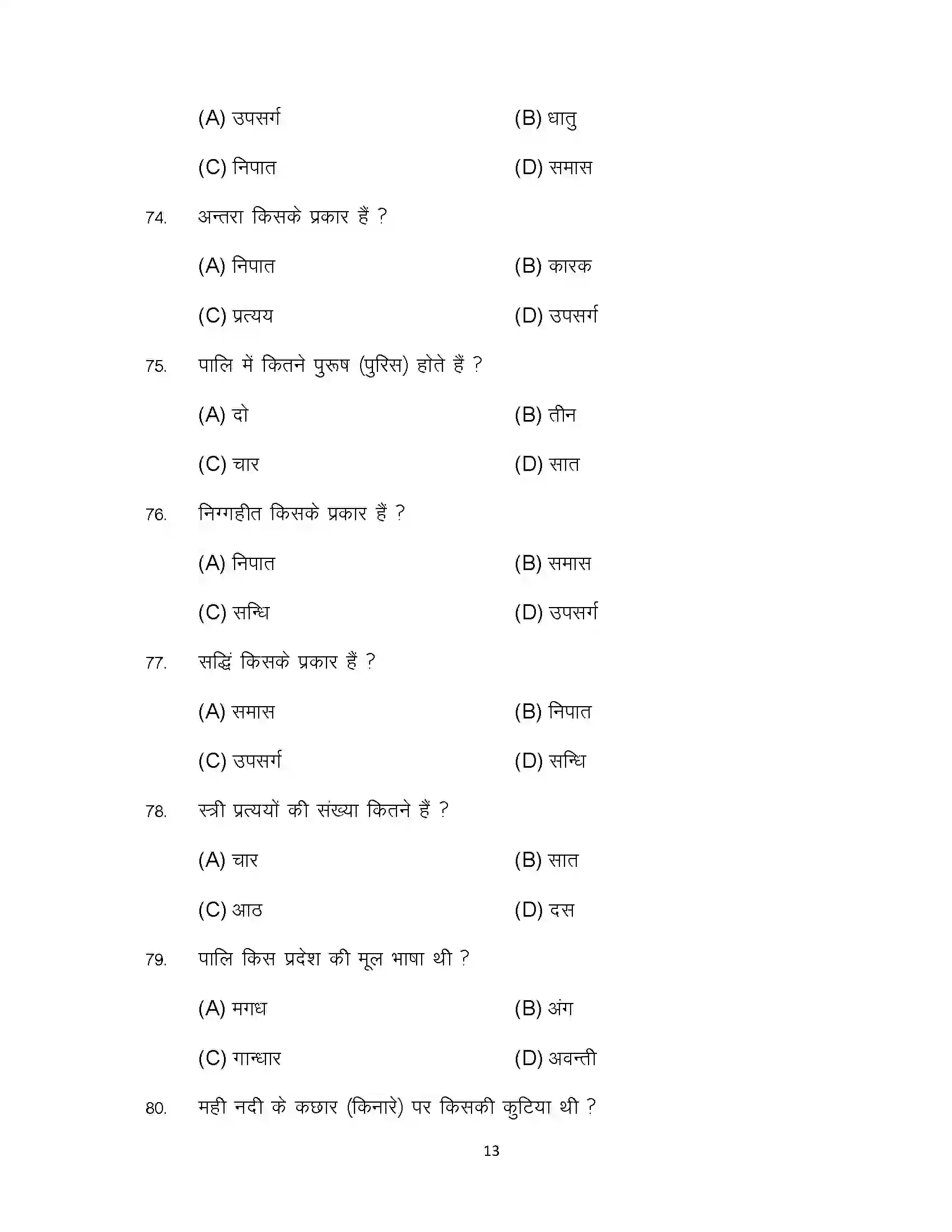 Bihar Board Class 12th 2024 Pali Sample Paper 13