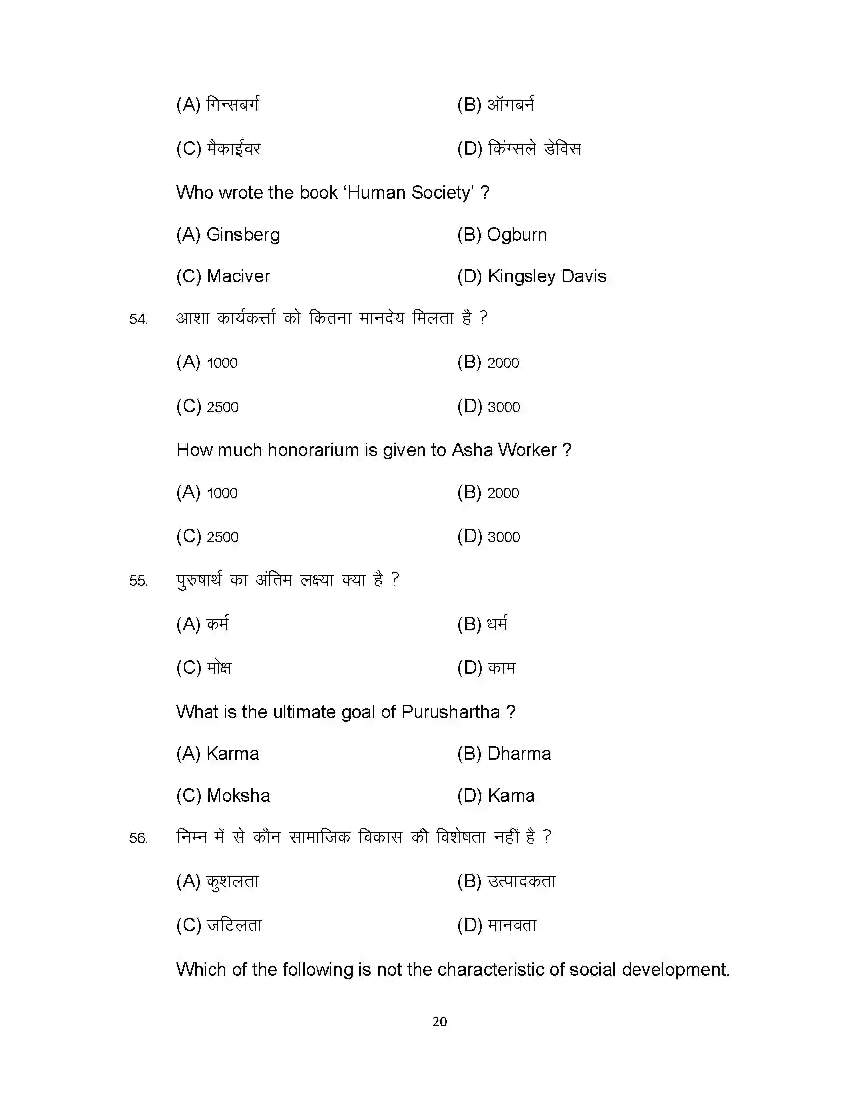 Bihar Board Class 12th 2024 Sociology Sample Paper 20