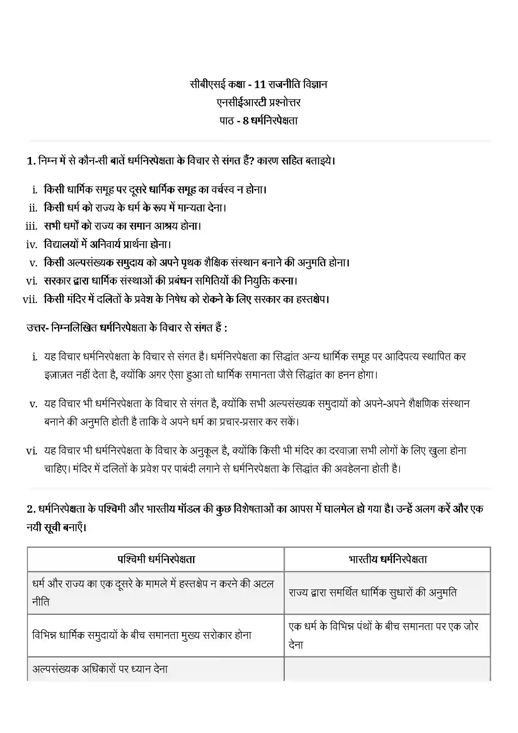 Bihar Board Class 11th Political Science (राजनीतिक सिद्धांत) Chapter 8 (धर्मनिरपेक्षता) Solution 1